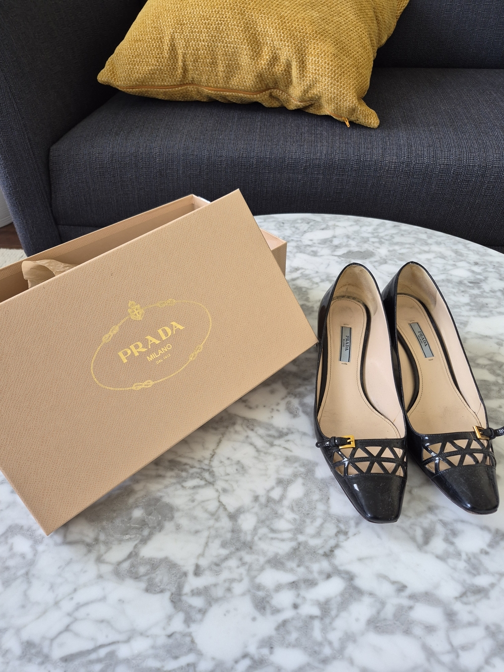Authentic Prada Black Patent Leather Cutout Ballet Flats size 39